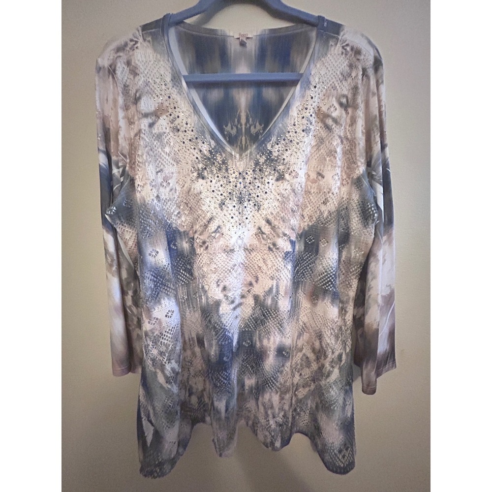Reba Tunic Top Womens XL Blue Tan Excellent Rhinestone V-Neck 3/4 Sleeve USA